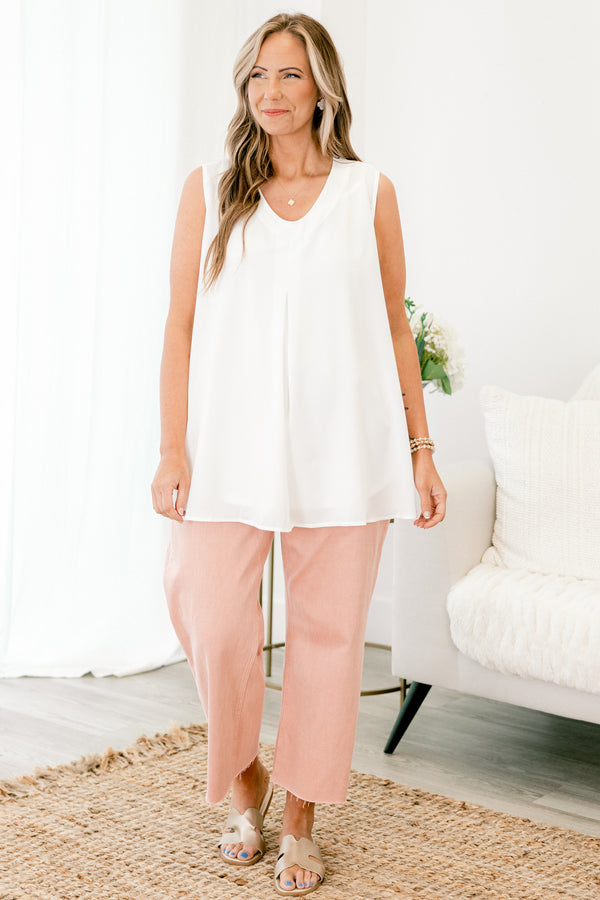 Chic Soul plus size clothing, white sleeveless tank top with round scoop neckline with pleated detail in the front