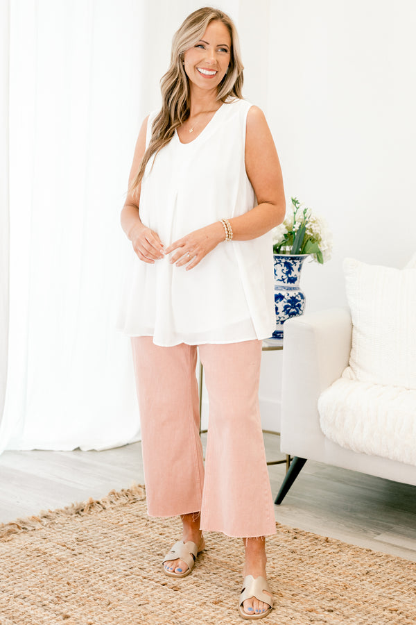 Chic Soul plus size clothing, white sleeveless tank top with round scoop neckline with pleated detail in the front