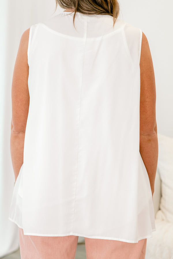 Chic Soul plus size clothing, white sleeveless tank top with round scoop neckline with pleated detail in the front