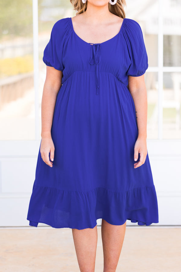 Chic Soul plus size clothing, cobalt blue midi dress with bubble sleeves and tie strings