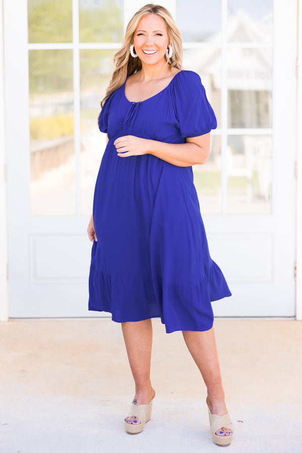Chic Soul plus size clothing, cobalt blue midi dress with bubble sleeves and tie strings