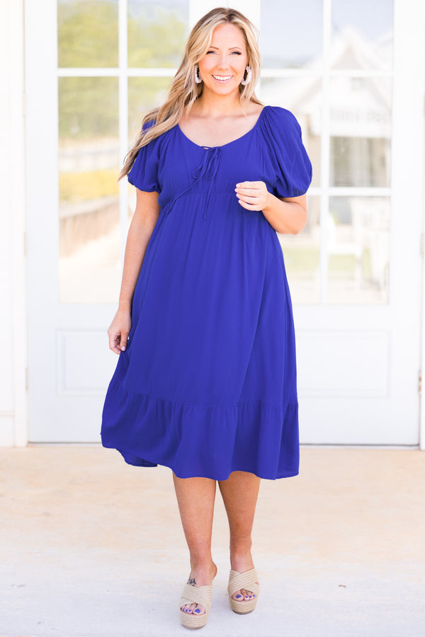 Chic Soul plus size clothing, cobalt blue midi dress with bubble sleeves and tie strings