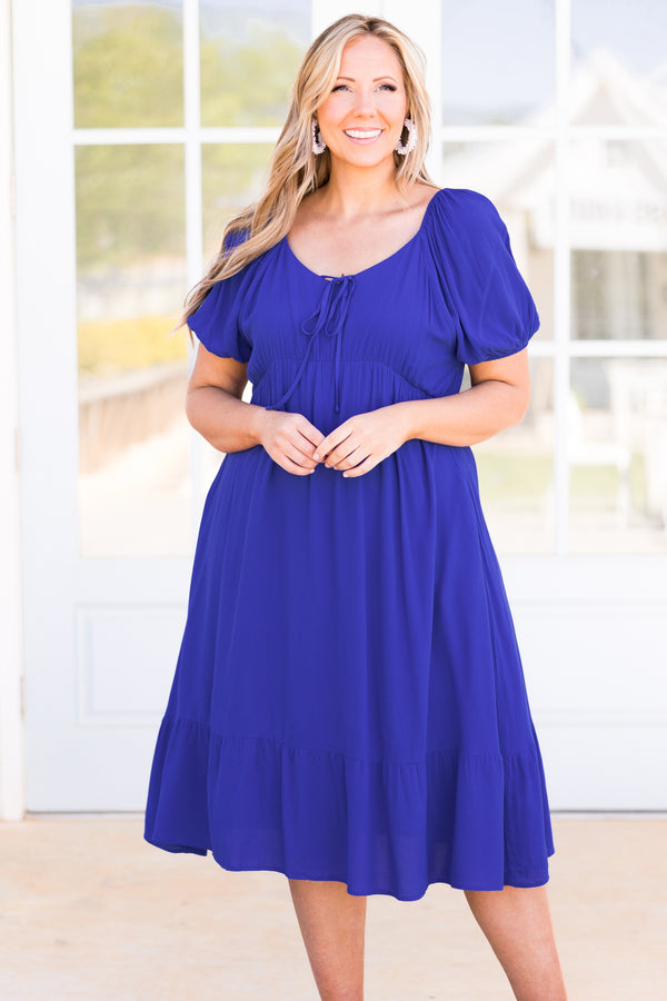 Chic Soul plus size clothing, cobalt blue midi dress with bubble sleeves and tie strings