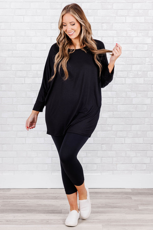 Chic soul plus size boutique, simple black top. 3/4 quarter length sleeves, round neck, soft