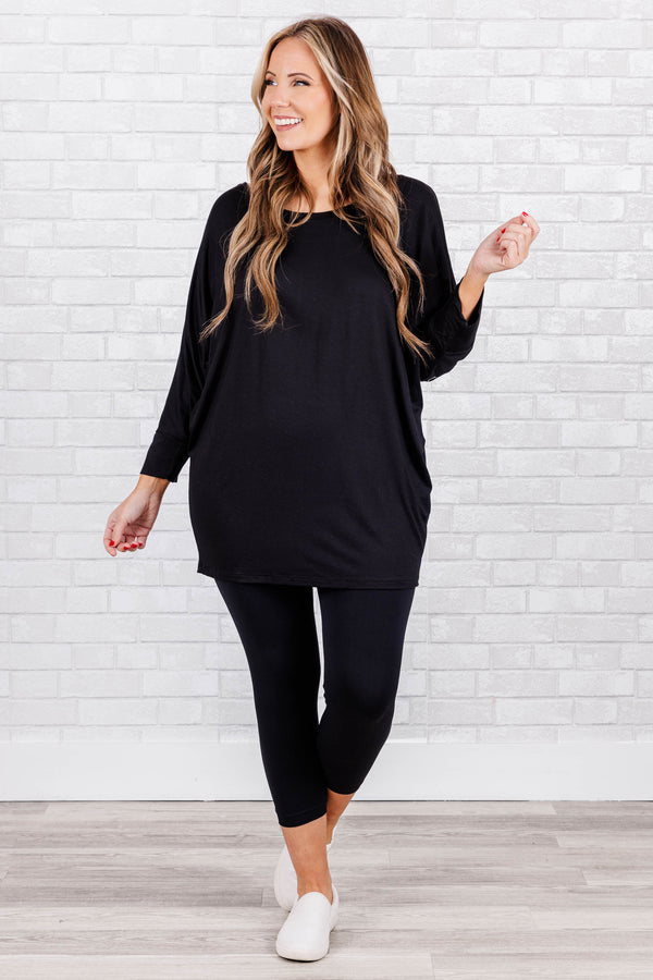 Chic soul plus size boutique, simple black top. 3/4 quarter length sleeves, round neck, soft