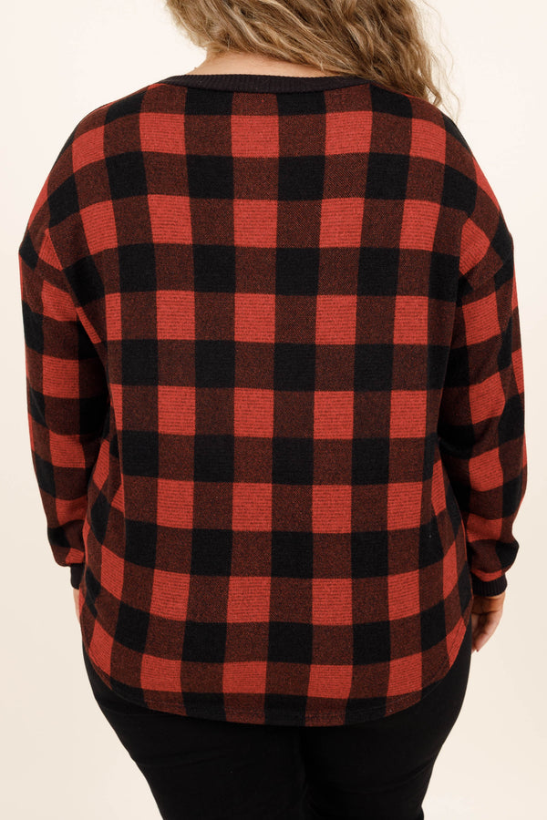 Chic Soul plus size clothing, red and black patterned soft long sleeve top to just throw on comfy and soft