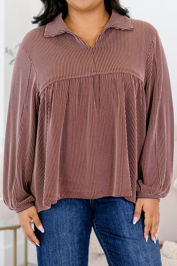 Chic Soul plus size clothing, brown long sleeve baby doll top with collar