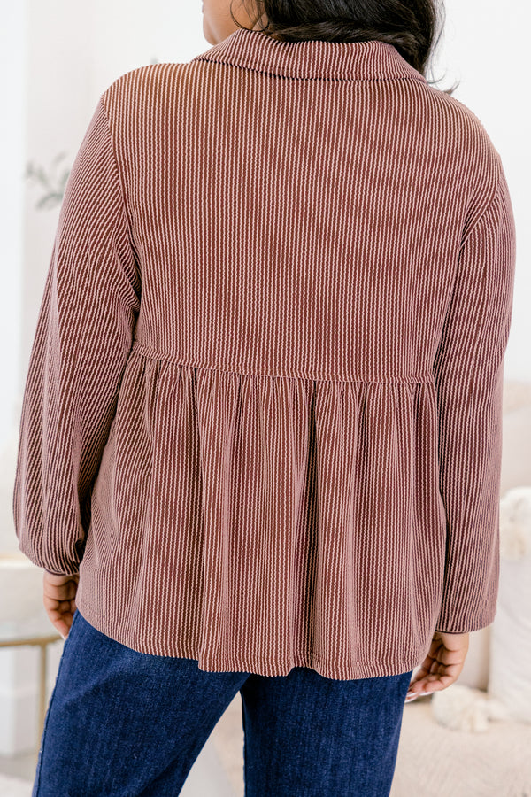 Chic Soul plus size clothing, brown long sleeve baby doll top with collar