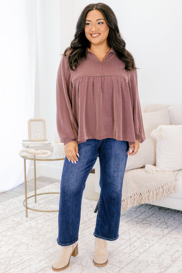 Chic Soul plus size clothing, brown long sleeve baby doll top with collar