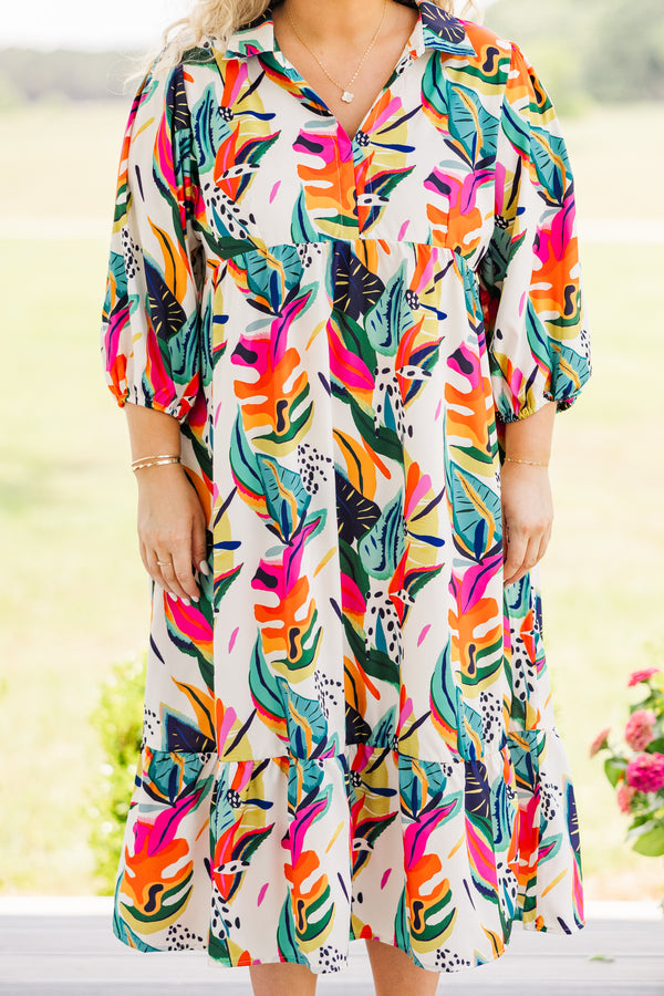 Chic Soul plus size clothing, quarter sleeve cream ruffled midi dress with pink, orange, and green tropical print 