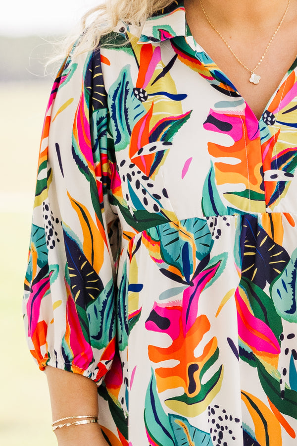 Chic Soul plus size clothing, quarter sleeve cream ruffled midi dress with pink, orange, and green tropical print 