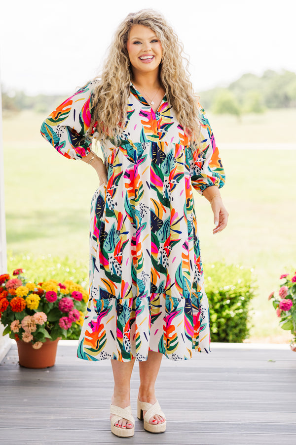 Chic Soul plus size clothing, quarter sleeve cream ruffled midi dress with pink, orange, and green tropical print 