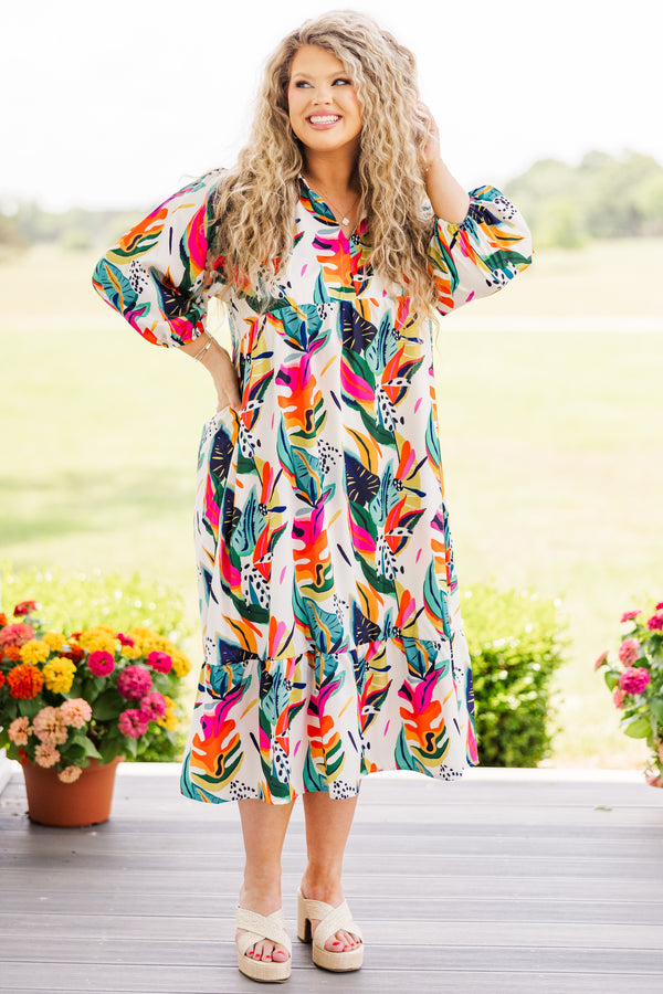 Chic Soul plus size clothing, quarter sleeve cream ruffled midi dress with pink, orange, and green tropical print 