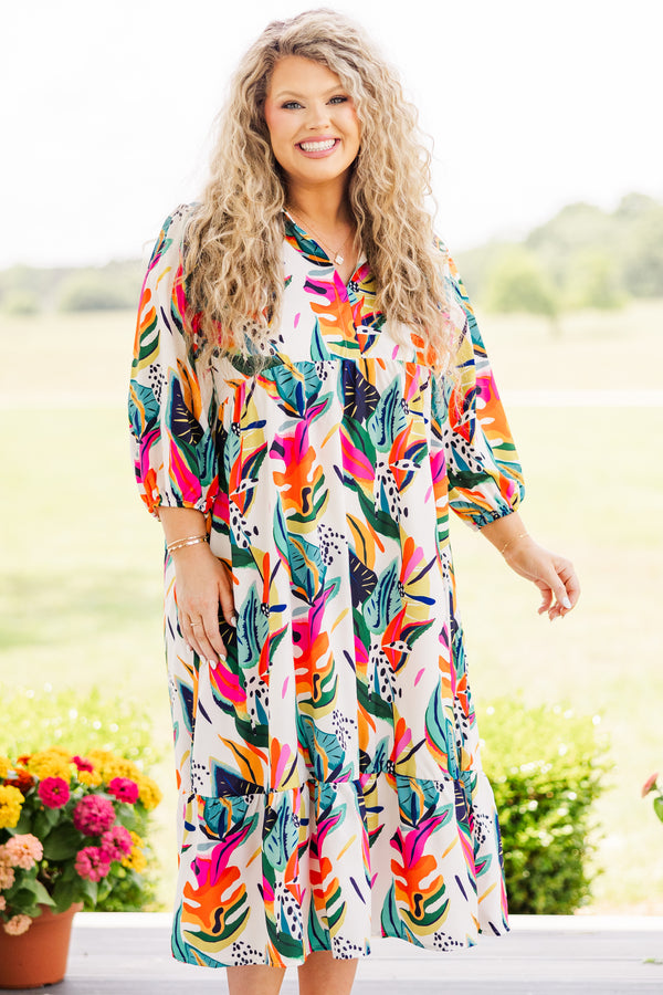 Chic Soul plus size clothing, quarter sleeve cream ruffled midi dress with pink, orange, and green tropical print 