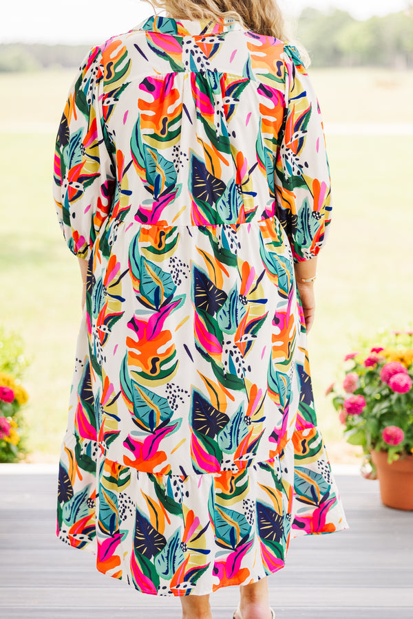 Chic Soul plus size clothing, quarter sleeve cream ruffled midi dress with pink, orange, and green tropical print 