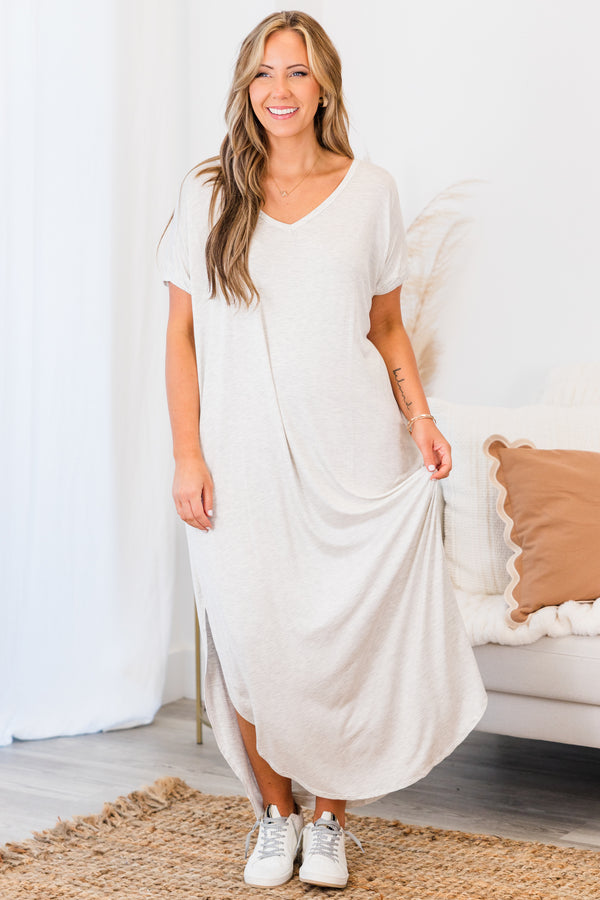Chic Soul plus size clothing, heather gray short sleeve maxi flowy tshirt dress with slit on sides with v neckline