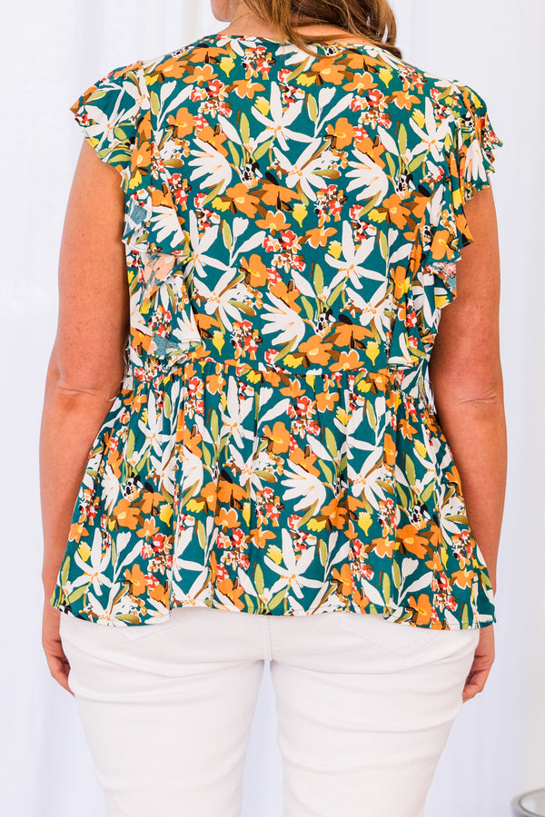 Chic Soul plus size clothing, teal short sleeve multi floral print top with v neckline with drawstring tie detail with ruffle sleeves