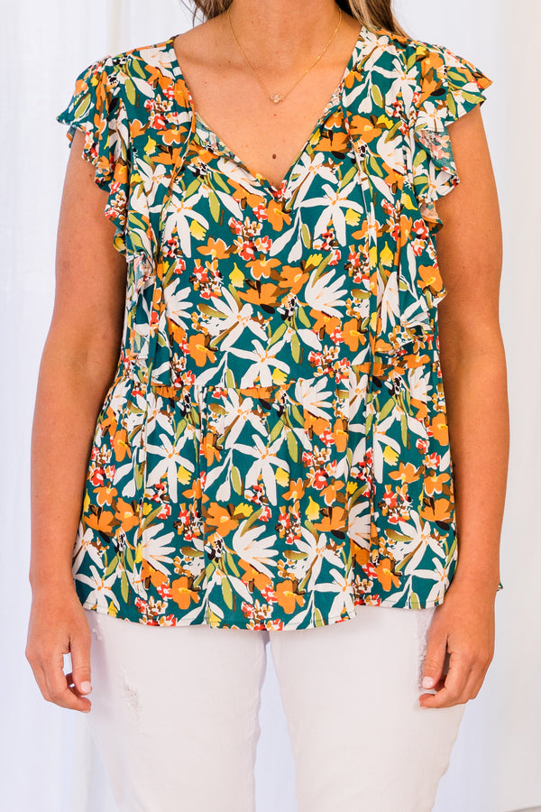 Chic Soul plus size clothing, teal short sleeve multi floral print top with v neckline with drawstring tie detail with ruffle sleeves