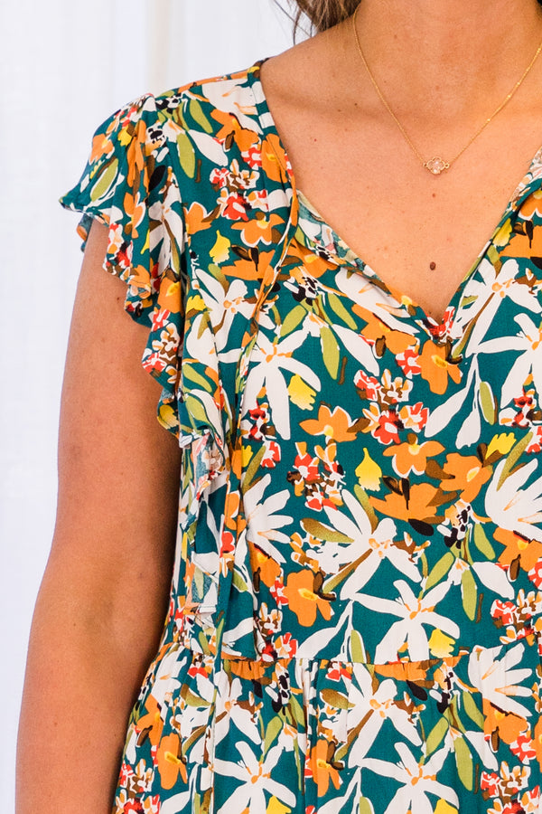 Chic Soul plus size clothing, teal short sleeve multi floral print top with v neckline with drawstring tie detail with ruffle sleeves