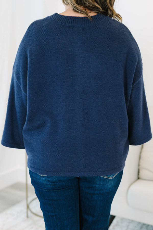 Plus Size navy blue button-down cardigan with a round neckline and wide, three-quarter sleeves.