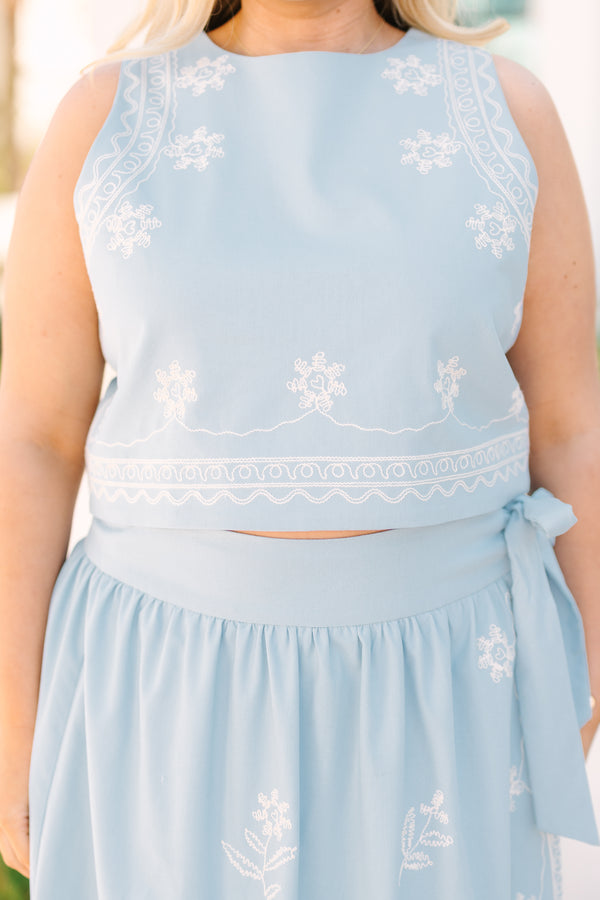 Chic Soul plus size clothing, Blue cropped sleeves top with a White embroidered floral pattern throughout the top 
