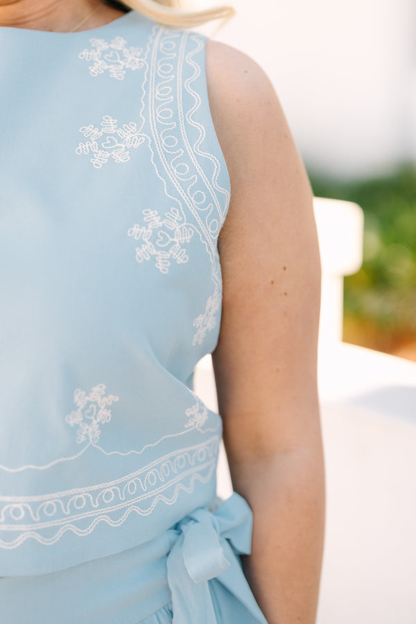Chic Soul plus size clothing, Blue cropped sleeves top with a White embroidered floral pattern throughout the top 

