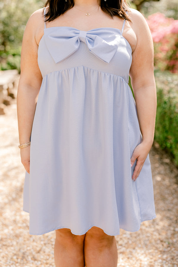 Chic Soul plus size clothing, sleeveless spaghetti strap baby blue flowy baby doll dress with a big blue bow on the front with a square-neckline