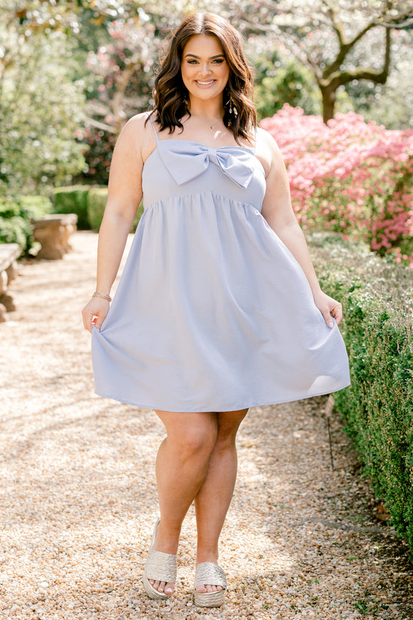 Chic Soul plus size clothing, sleeveless spaghetti strap baby blue flowy baby doll dress with a big blue bow on the front with a square-neckline