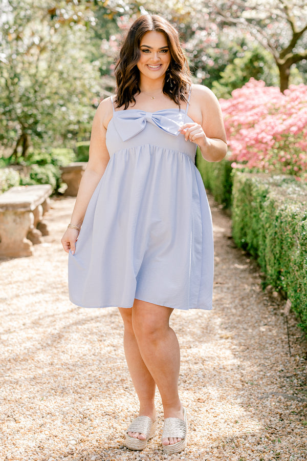Chic Soul plus size clothing, sleeveless spaghetti strap baby blue flowy baby doll dress with a big blue bow on the front with a square-neckline