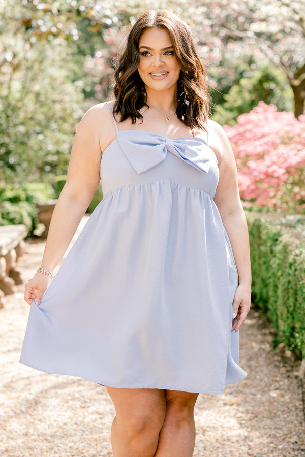 Chic Soul plus size clothing, sleeveless spaghetti strap baby blue flowy baby doll dress with a big blue bow on the front with a square-neckline