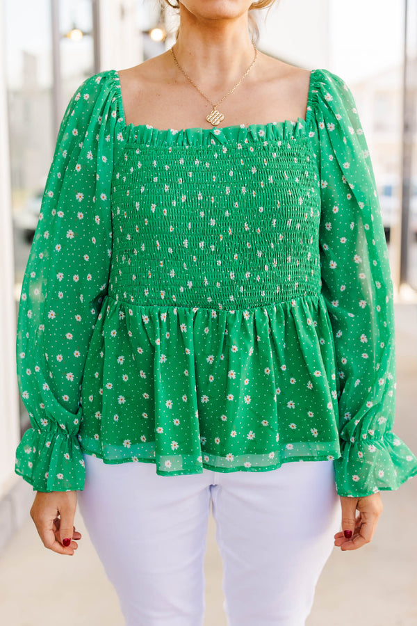 Chic Soul plus size clothing, green long sleeve peplum top with smocked chest detail and sheeve sleeves with floral print