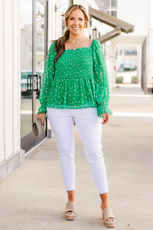 Chic Soul plus size clothing, green long sleeve peplum top with smocked chest detail and sheeve sleeves with floral print
