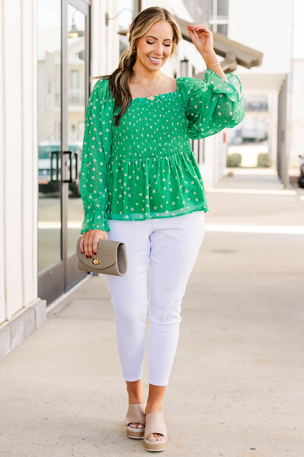 Chic Soul plus size clothing, green long sleeve peplum top with smocked chest detail and sheeve sleeves with floral print