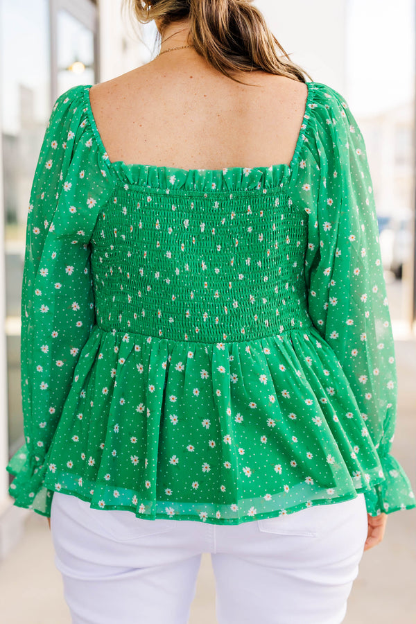 Chic Soul plus size clothing, green long sleeve peplum top with smocked chest detail and sheeve sleeves with floral print