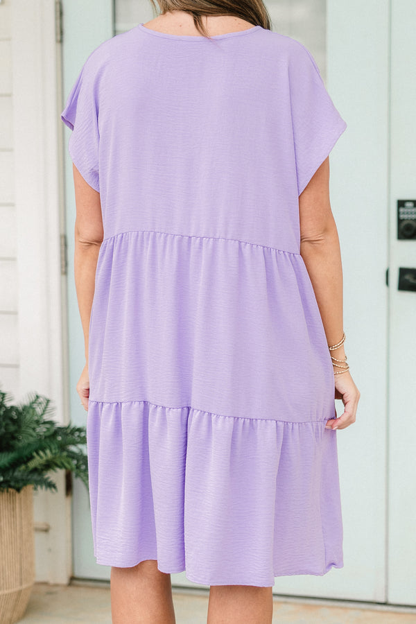 Chic Soul plus size clothing, lavender short sleeve tiered mini dress with v neckline