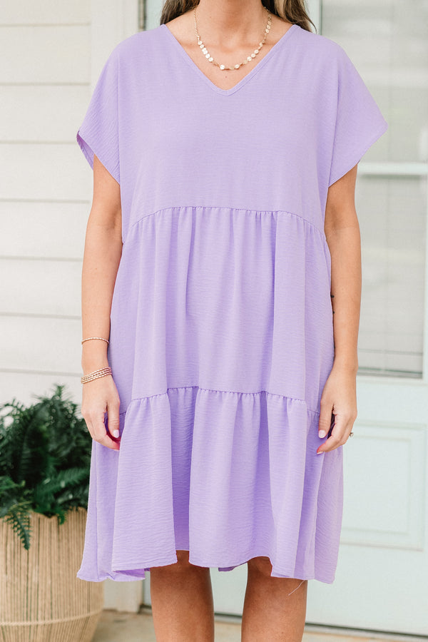 Chic Soul plus size clothing, lavender short sleeve tiered mini dress with v neckline