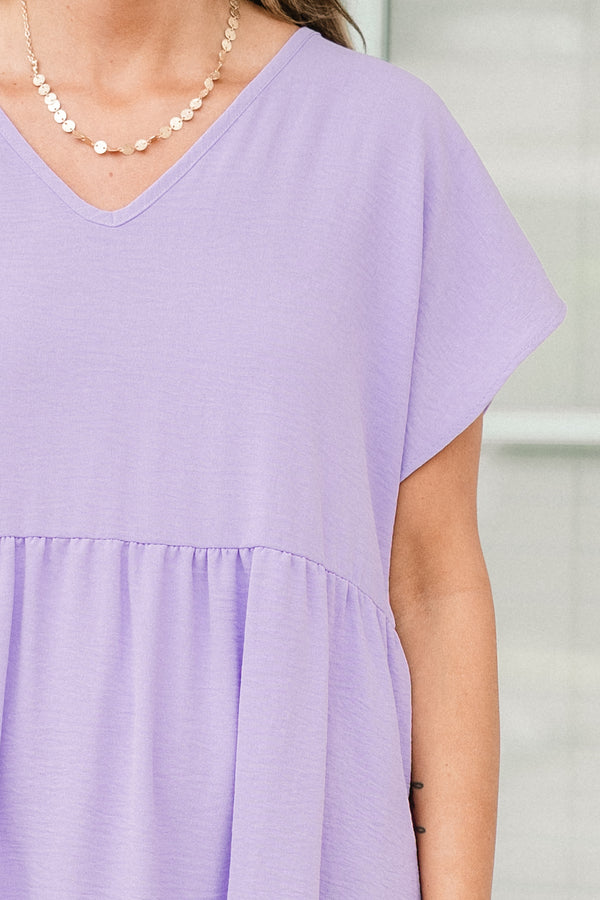 Chic Soul plus size clothing, lavender short sleeve tiered mini dress with v neckline