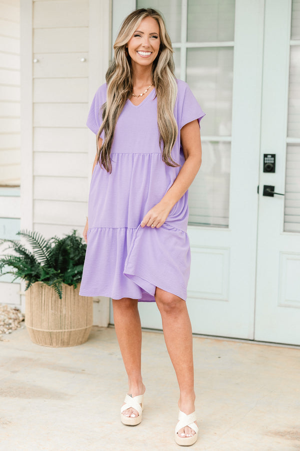 Chic Soul plus size clothing, lavender short sleeve tiered mini dress with v neckline