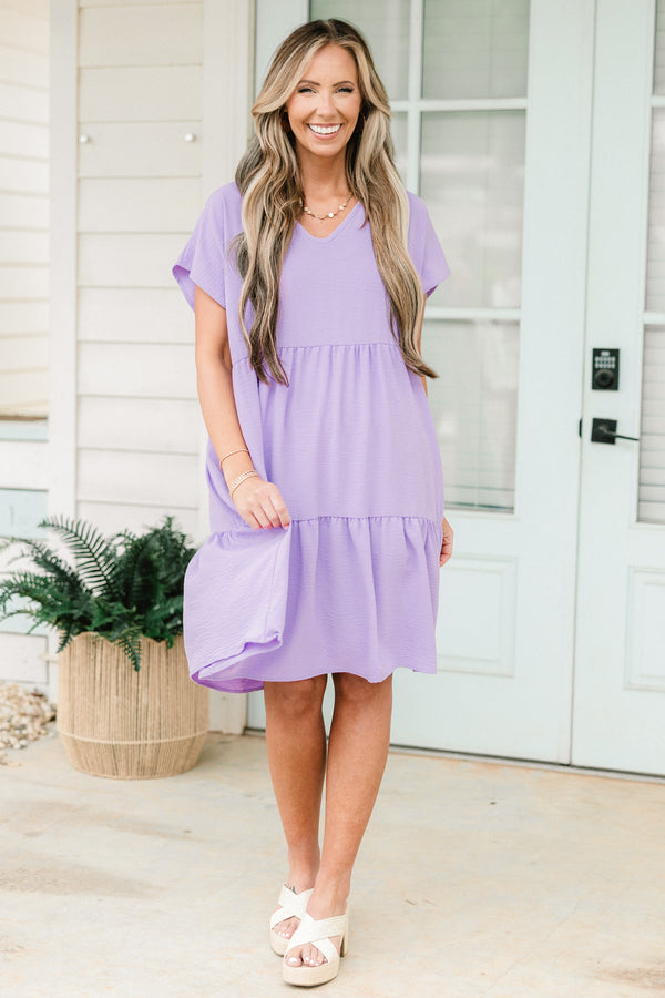 Chic Soul plus size clothing, lavender short sleeve tiered mini dress with v neckline