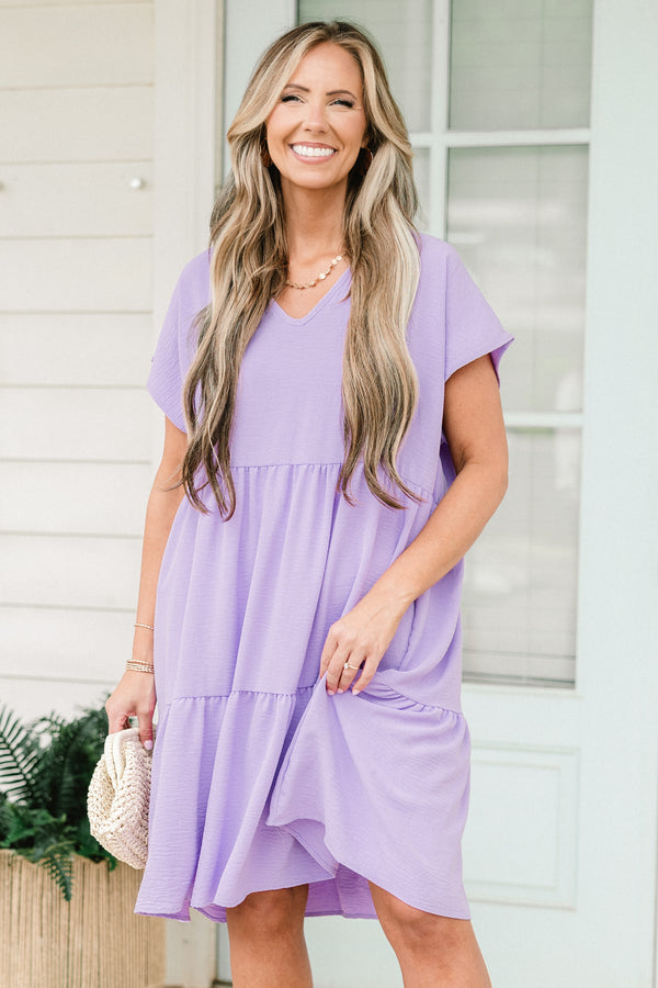 Chic Soul plus size clothing, lavender short sleeve tiered mini dress with v neckline