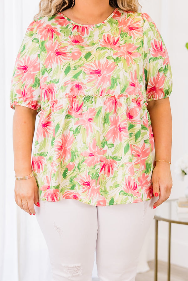 Chic Soul plus size clothing, pink short sleeve floral babydoll top with puff sleeves