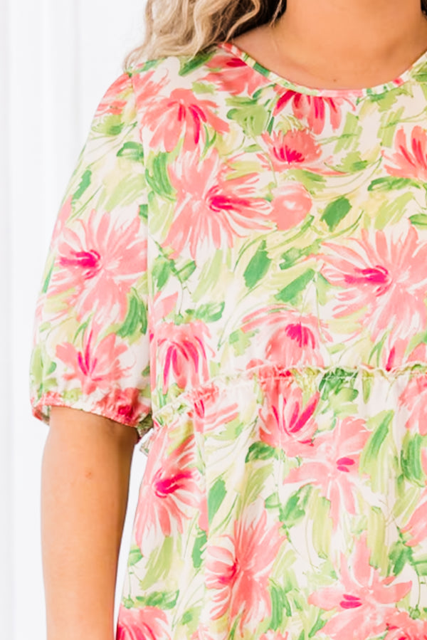 Chic Soul plus size clothing, pink short sleeve floral babydoll top with puff sleeves
