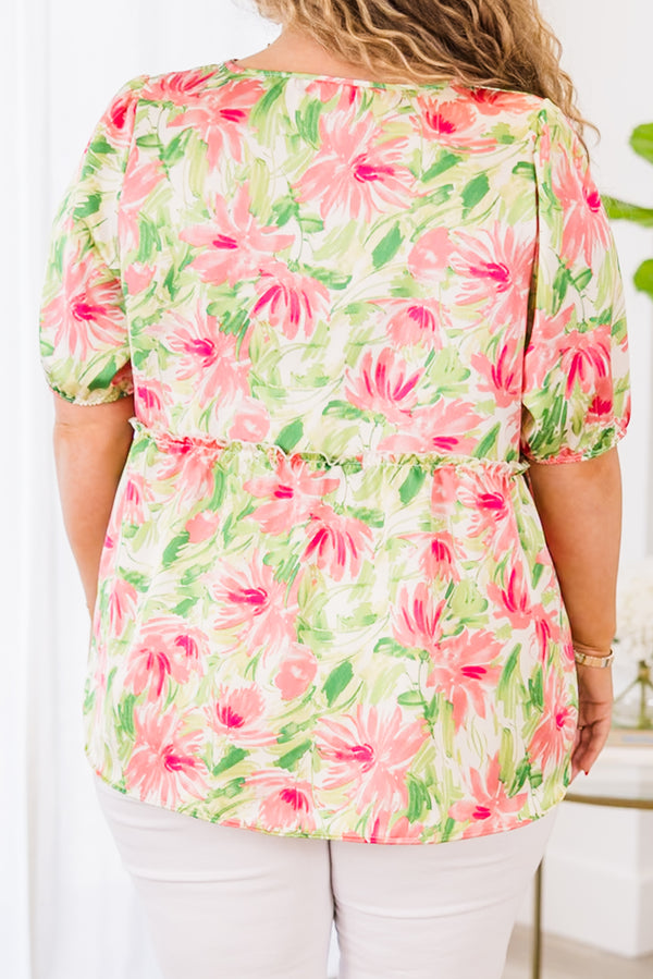 Chic Soul plus size clothing, pink short sleeve floral babydoll top with puff sleeves