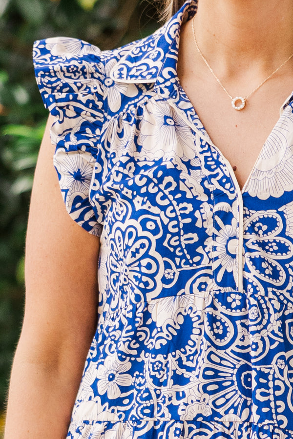 Chic Soul plus size clothing, blue and ivory collared dress with ruffles and floral detailing