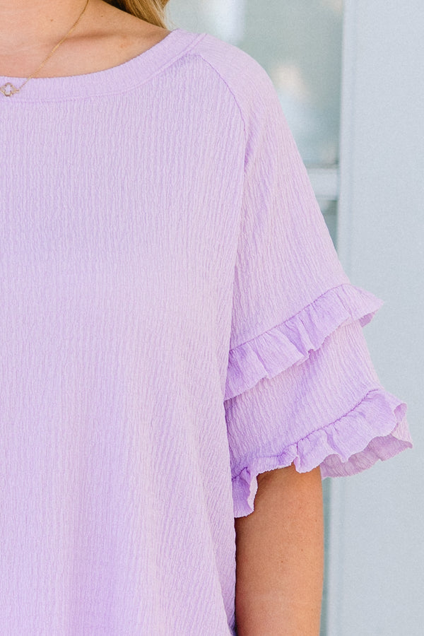 Chic Soul plus size clothing, lavender textured top with ruffle details on sleeves