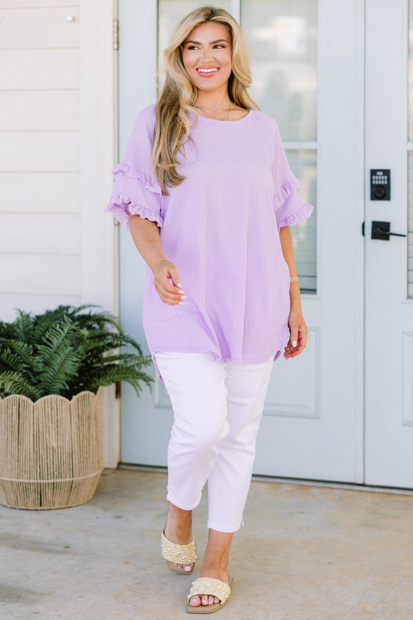 Chic Soul plus size clothing, lavender textured top with ruffle details on sleeves