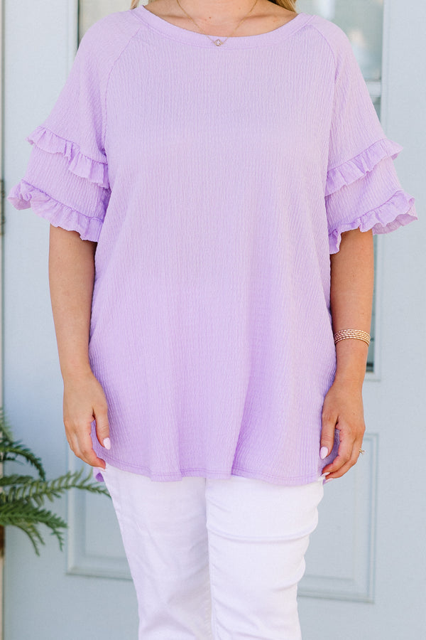 Chic Soul plus size clothing, lavender textured top with ruffle details on sleeves