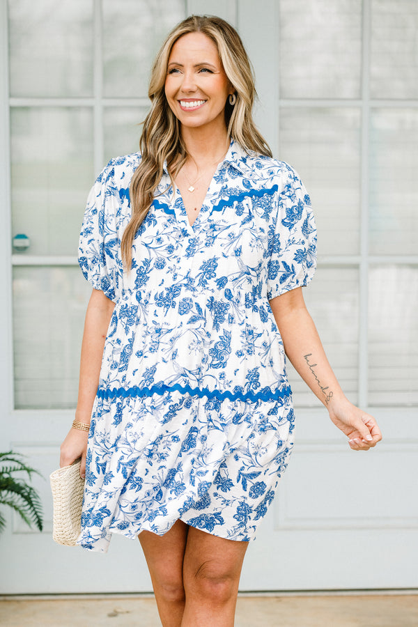 Plus Size blue toile babydoll dress with short puff sleeves and blue ric rac trim.