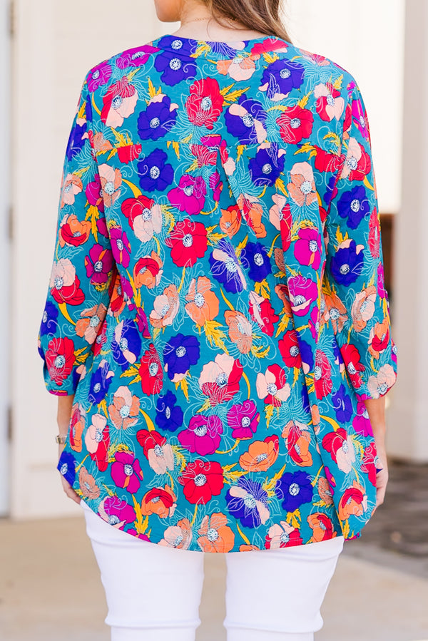 Chic Soul plus size clothing, teal multi floral print three quarter length sleeve top with v cutout neckline