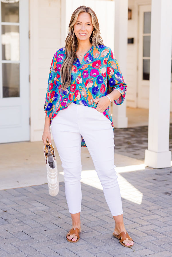 Chic Soul plus size clothing, teal multi floral print three quarter length sleeve top with v cutout neckline